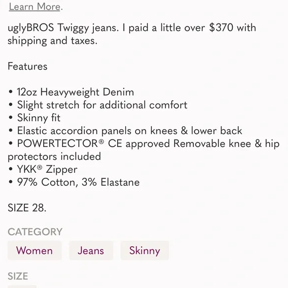 UglyBROS Twiggy Black Motorcycle Riding Jeans - Size 26 - Picture 9 of 12